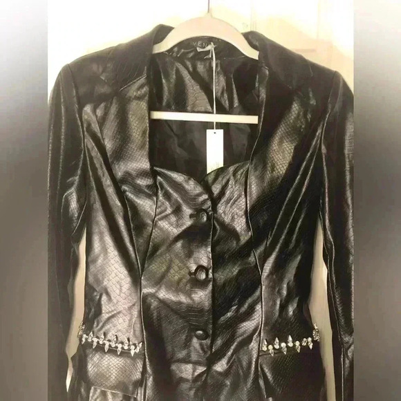 Chic Black Leather Jacket.  
Snake Embossed Faux Leather Embellished Blazer - Picture 9 of 17